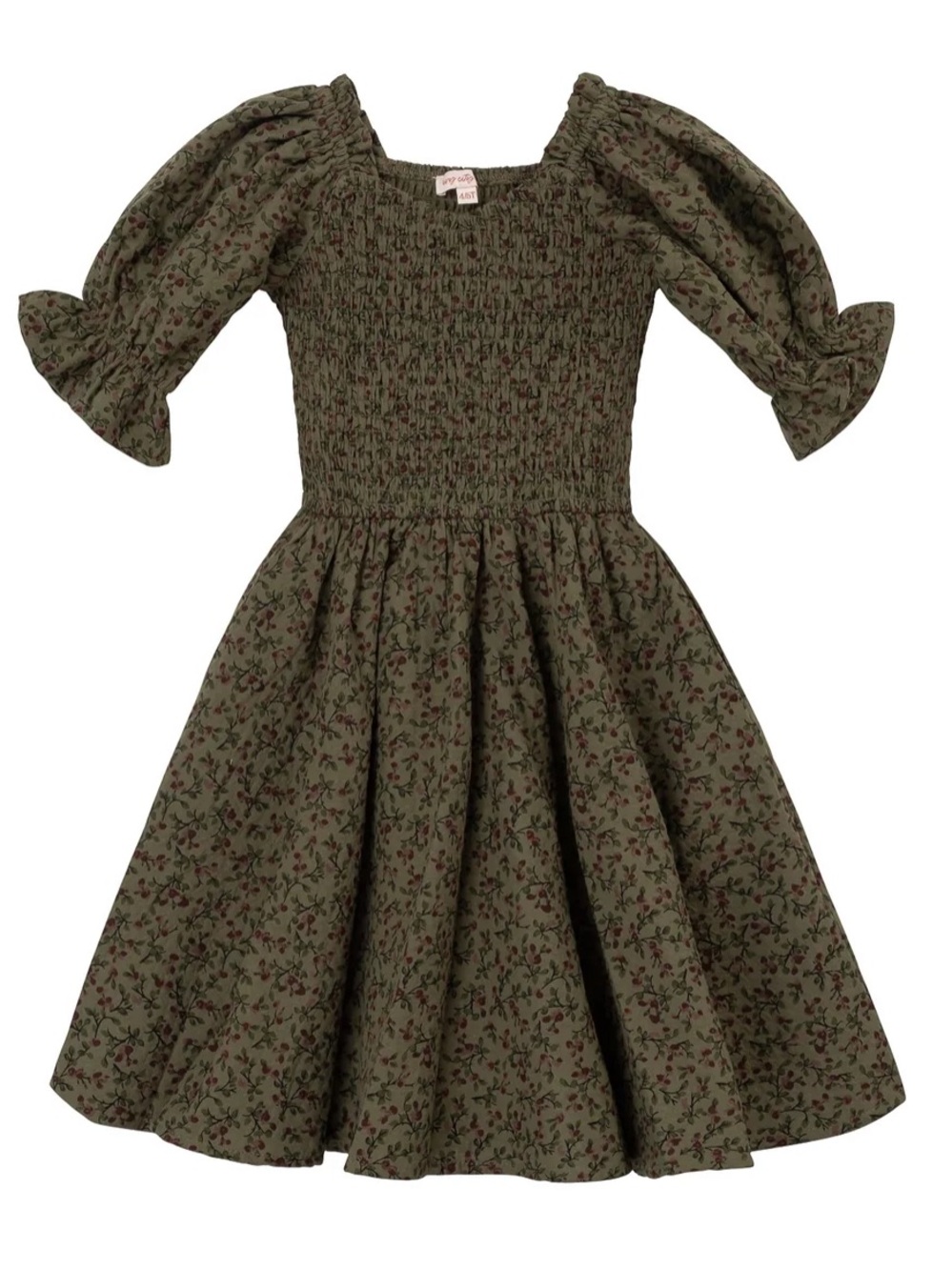 Girls Ivy City Co. Teagan Dress Olive Green Smocked Puff Sleeve Woodland Floral